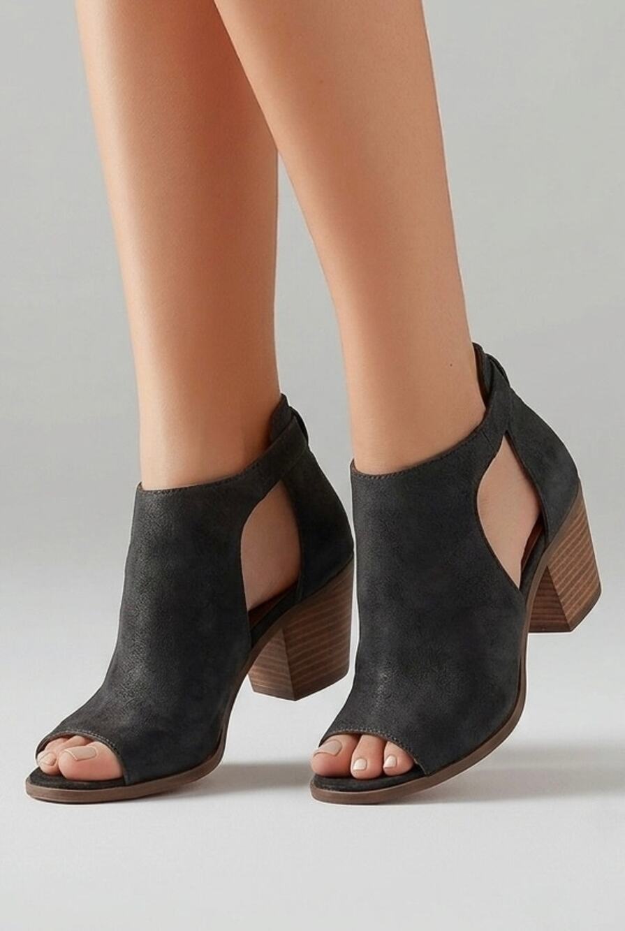 Leather Sandals Womens 7.5 Open Toe Cut Out Bootie Boho Western Stacked Heel